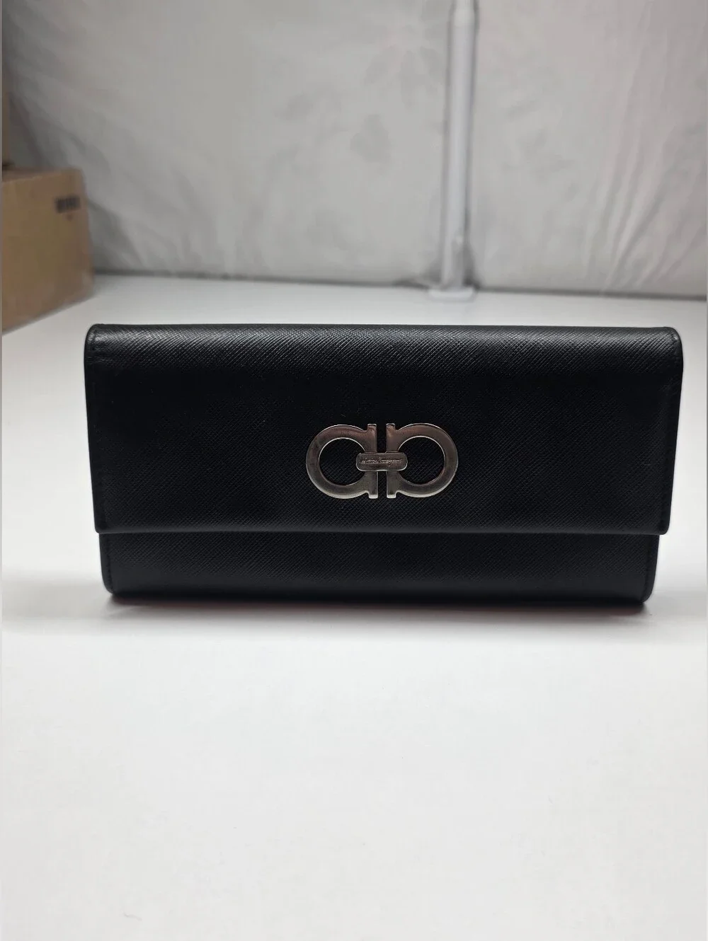 Black Ferragamo Leather Gancini Clutch with Silver Logo Hardware